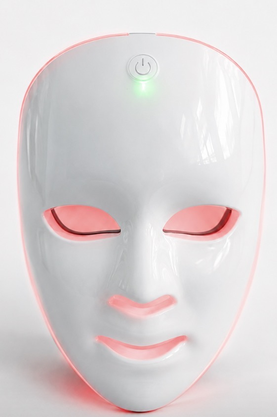 LumiRay red light therapy mask, front view, glowing red light