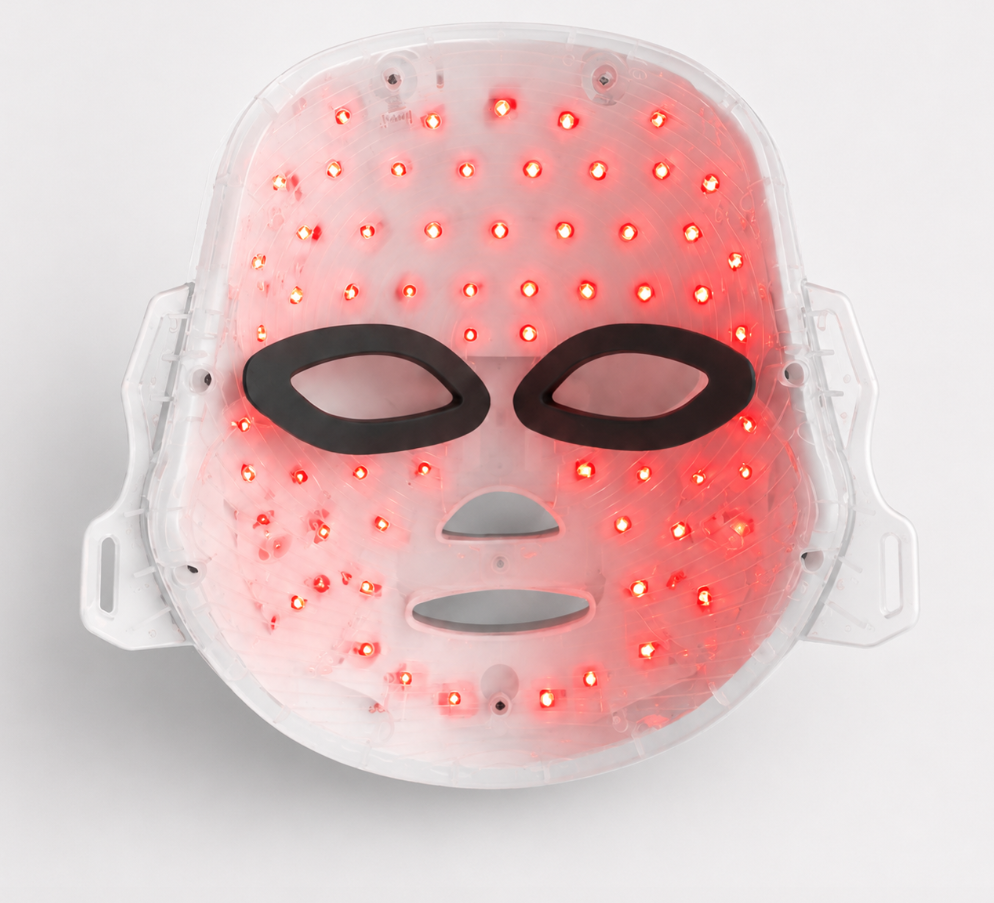 LumiRay mask glowing with red light while worn, showing the full LED array and eye goggles